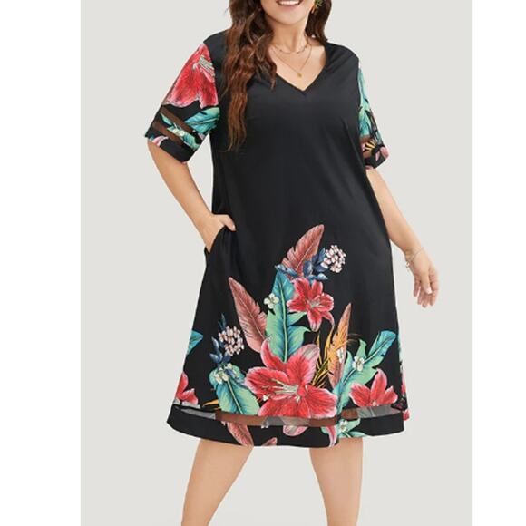 BLOOMCHIC 14-16 1X Plus Black Floral Short Sleeve V-Neck Midi Dress NWT B159 - Picture 1 of 9